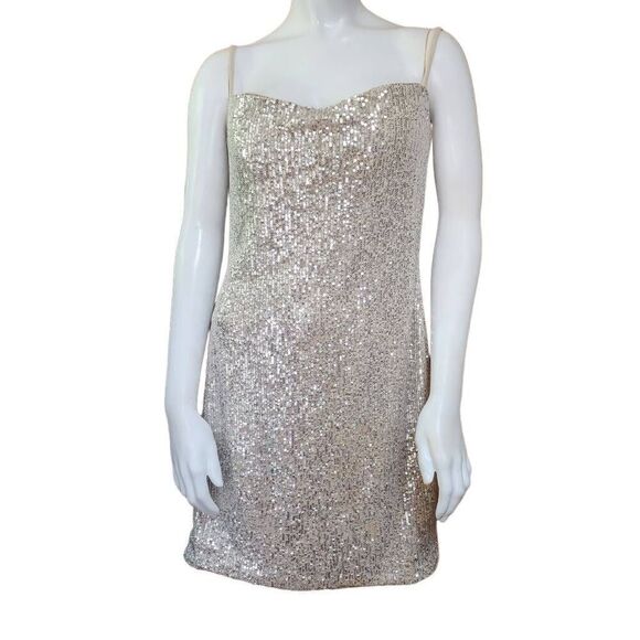 La Femme Silver Sequin Spaghetti Strap Mini Dress (12) - Picture 4 of 7